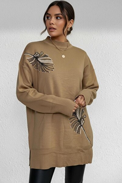 NEWCO Taş Baskılı Yaprak Temalı Yan Yırtmaç Detaylı Triko Tunik Kazak - bisküvi