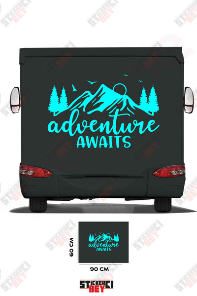 STİCKERCI BEY ملصق كارافان مزين بصورة جبل وشجرة مع عبارة 'المغامرة تنتظر'