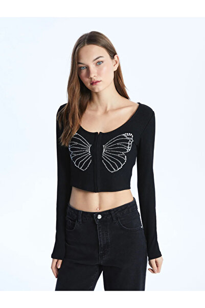 LC Waikiki Lcw Vision Black Crew Neck Rhinestone Long Sleeve Women's Cardigan