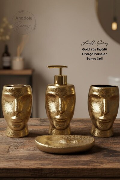 Anadolu Saray Gold Yüz Figürlü 4 Parça Porselen Banyo Seti Lüks Dekoratif Ban...