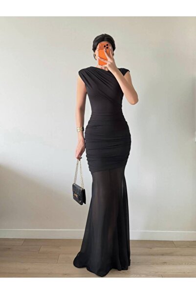 LOCH BUTİK Kadın Siyah Yanı Drapeli Eteği Transparan Maxi Elbise