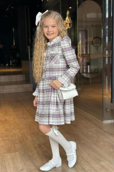 Riccotarz Girl's Dress with Ruffled Collar and Sleeves, Button-Down Front and Gray-Pink Plaid Detail.