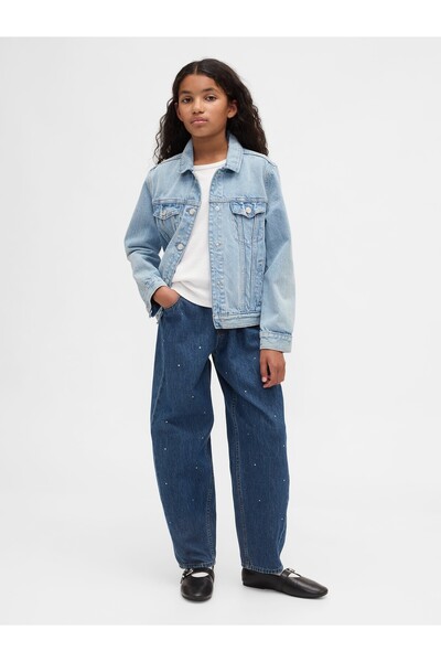 GAP Kız Çocuk Koyu Mavi High Rise Rhinestone Easy Barrel Jean Pantolon