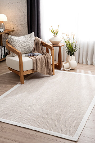 Koza Halı Fresco Soft Vizon Ekru Iskandinav Yıkanabilir Bordürlü Halı Kilim B...