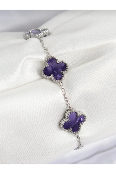 zeynep Z&D Accessory 316L Steel Pearlescent Purple Silver Color Clover Women'...