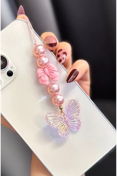 MİRAZ TASARIM Cam Pearl Bowknot Butterfly Decorated Pink Phone Charmi Phone S...