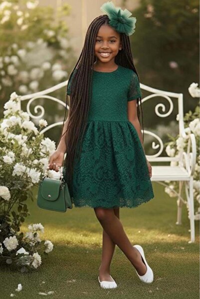 Riccotarz Girl's Lace Embroidered Lined Glitter Green Evening Dress