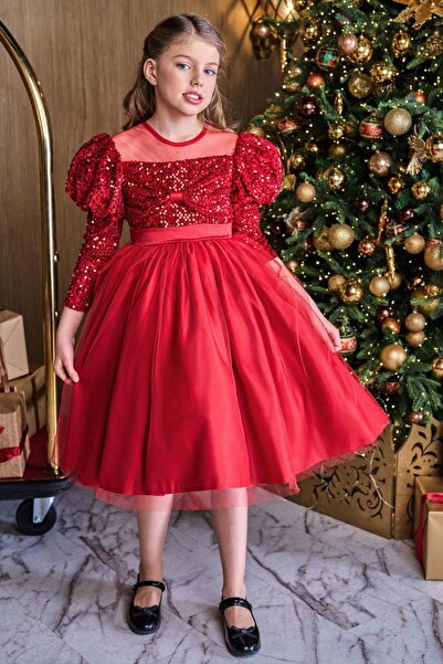 Riccotarz Κοριτσίστικο βραδινό φόρεμα με λαιμόκοψη καγιάκ, διαφανές τούλι και βελούδινη λεπτομέρεια στο στήθος, φουσκωτό μανίκι μπαλόνι, κόκκινο βραδινό φόρεμα