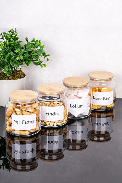 Dolkin Home 20 ÇEŞİT ETİKETLİ 4'lü 500 ml Bambu Kapaklı Kuruyemişlik Çerezlik Kavanozu Kuruyemiş Kavanozu