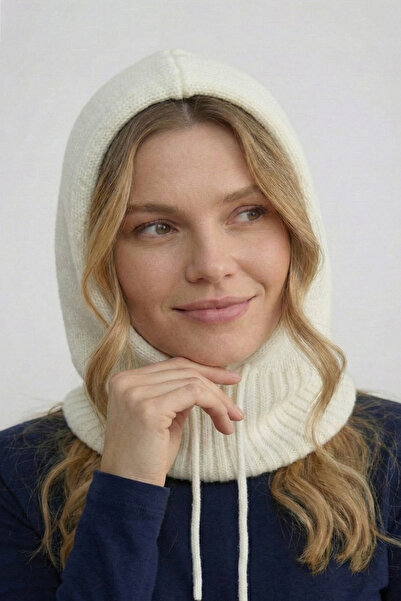 nacar çarşı Kadın Ekru Örgü Balaclava - Kapüşonlu Kışlık Boyunluklu Bere Balaklava