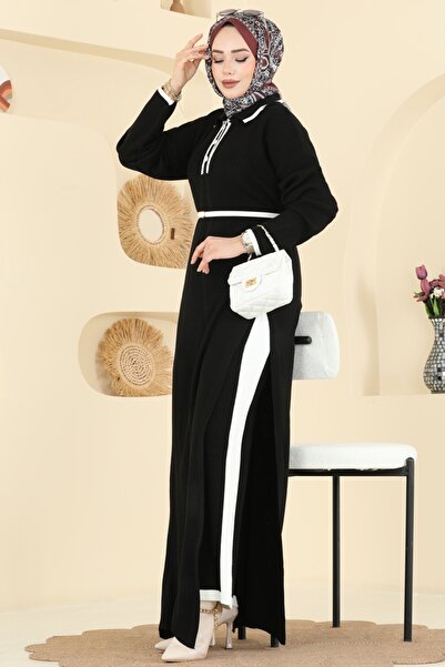 ModaMerve Derin Yırtmaçlı Triko Takım 503TPK1167-MS Siyah