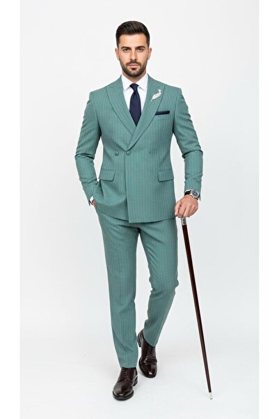 Plus Scorpion Men's Slim Fit Striped Suit – 2 Button Placket, Double Slit Modern Fit