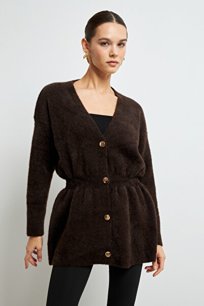 Ladima كارديجان نسائي من التريكو الناعم باللون البني الداكن مع تفاصيل ذهبية