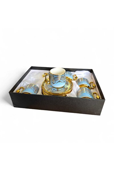 Tutku Lüks Mavi Altın Işlemeli 6’lı Kahve Fincan Takımı – Özel Tasarım Desenli Seramik