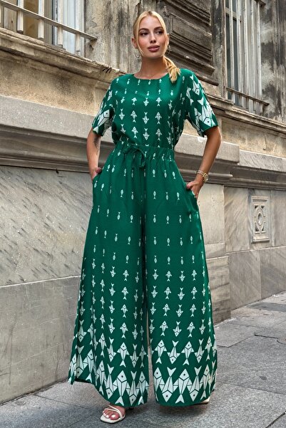 Trend Alaçatı Stili Women's Green Crew Neck Patterned Blouse and Pants Set Vs...