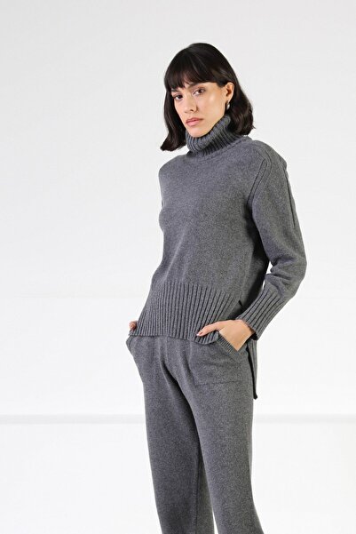 Ferraro Anthracite Long Sleeve Half Turtleneck Women's Knitwear Sweater with Slit Cashmere on the Sides
