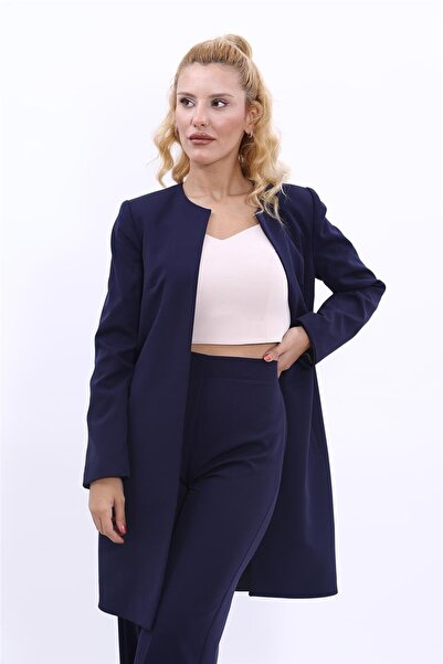 ÖNDER ÖZSOY سترة نسائية طويلة ذات ياقة دائرية وتصميم محتشم - أزرق داكن