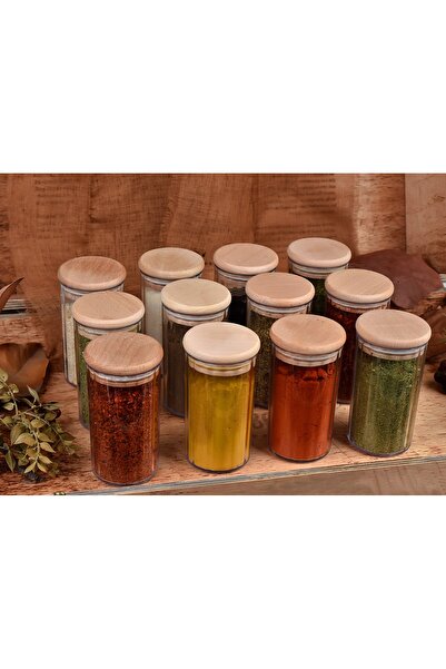 OXEA KITCHEN 12'li Ahşap Kapaklı Kristal Plastik Baharatlik 300c