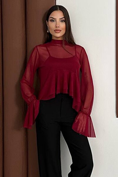 Trend Alaçatı Stili Women's Burgundy Transparent Chiffon Flutter Sleeve Blouse and Strap Tank Top Two-Piece Set Vs01604