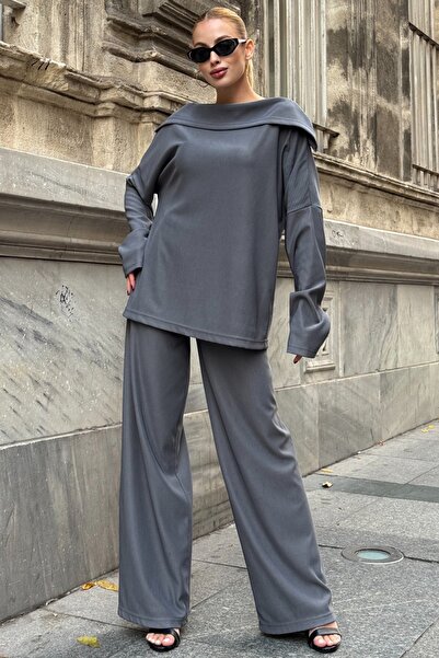 Trend Alaçatı Stili طقم بنطلون نسائي ذو ياقة واسعة من خيطين مدخنين Sa قصة مري...