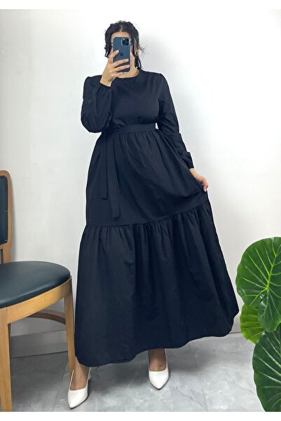 NİSUM MODA فستان طويل متعدد الطبقات مع ربطة عند الخصر