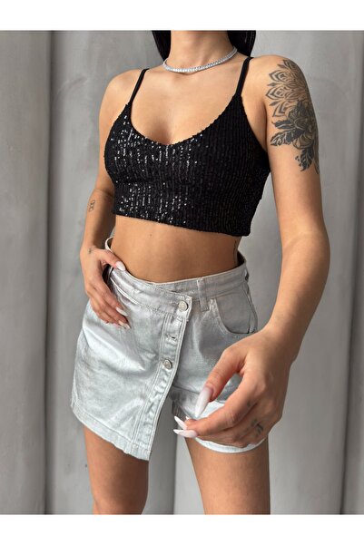 Hisleria Kadın Askılı Payetli Crop(Büstiyer) Bluz - Siyah