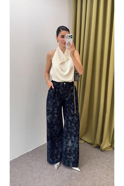 HAZELANNA بنطلون مخملي باللون الأزرق الداكن والفضي