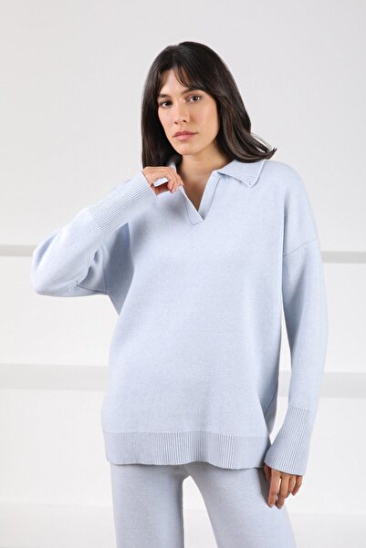 Ferraro Blue Long Sleeve Relaxed Fit Polo Neck Cashmere Women's Knitwear Sweater