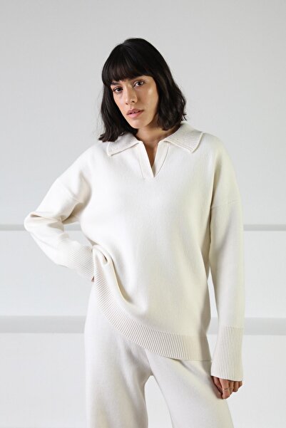 Ferraro Ecru Long Sleeve Relaxed Fit Polo Neck Cashmere Women's Knitwear Sweater