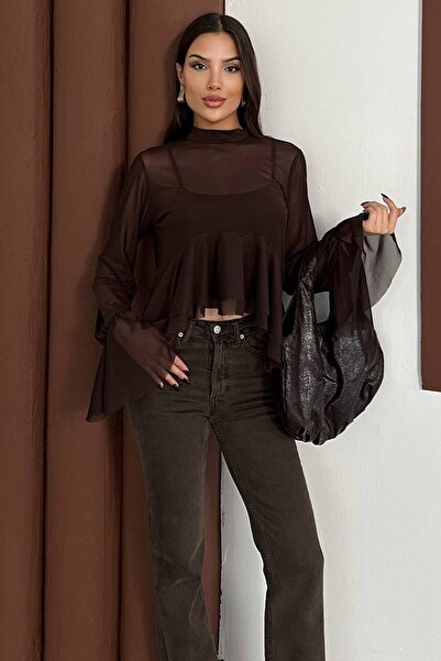 Trend Alaçatı Stili Women's Brown Transparent Chiffon Flutter Sleeve Blouse and Strap Tank Top Two-Piece Set Vs01604