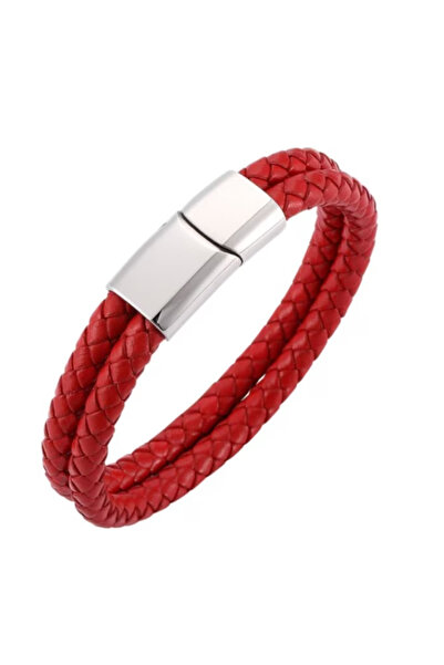 CRM Brățară magnetică unisex din piele împletită, roșie, accesoriu casual, 20,5 cm