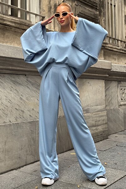 Trend Alaçatı Stili Kadın Mavi Geniş Kol Detaylı Oversize İkili Takım Vs01583