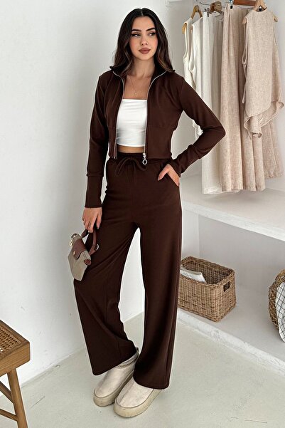 Trend Alaçatı Stili Women's Brown Zipper Closure Crop Sweat and Wide Leg Swea...