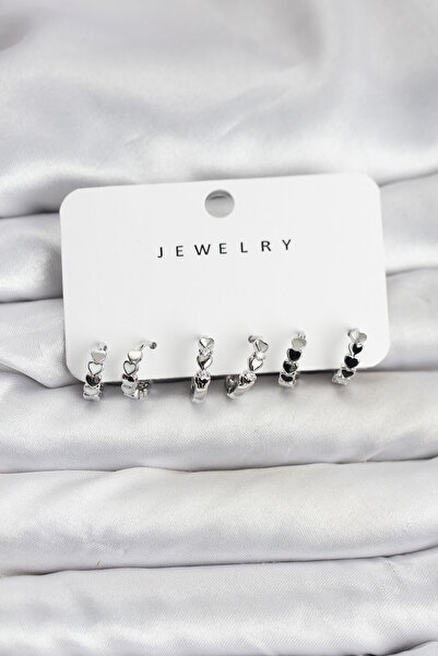 Clariss Silver Color Brass Minimal Heart Detailed Women's Earring Set - Kp-0598