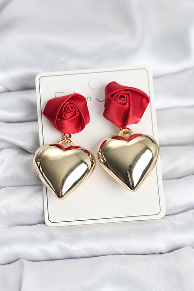 Clariss Brass Gold Heart Red Rose Model Women's Earrings -Kp-1025