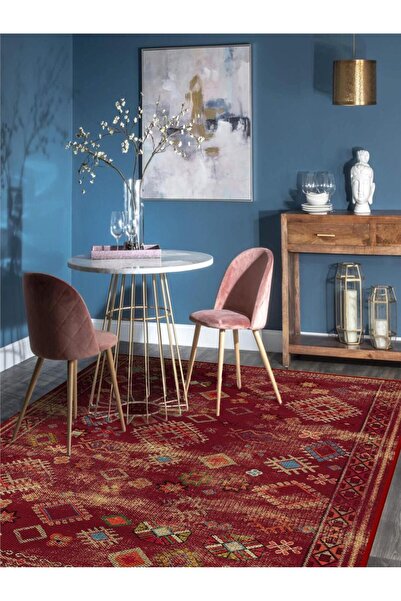 Serteks Bordo Etnik Kilim Desen Yıkanabilir Salon - Oturma Odası Halısı Yollu...