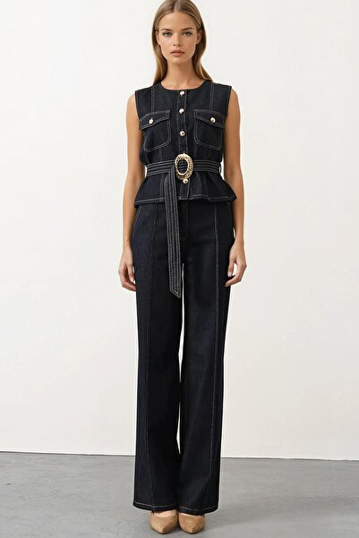 Trend Alaçatı Stili Kadın Lacivert Kuşaklı Denim Bluz Ve Çımalı Pantolon Denim Takım Vs01702