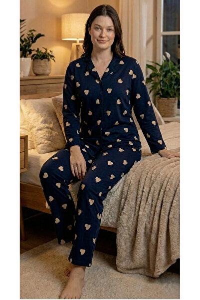 STELLAPİNK طقم بيجامة بأكمام طويلة من جلد الغزال باللون الأزرق الداكن والأبيض...