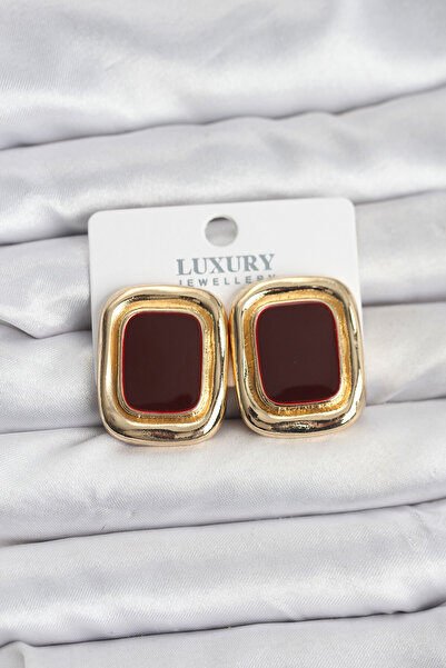Clariss Burgundy Enamel Square Gold Color Vintage Women's Earrings