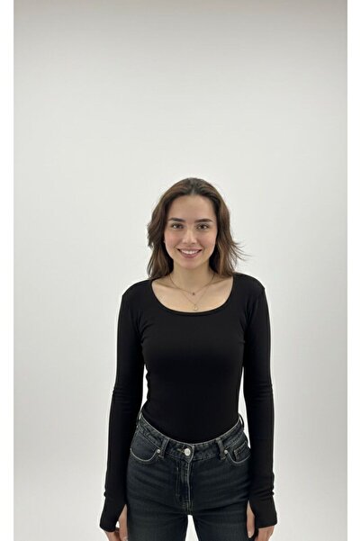 IDL COLLECTION Kadın Modal Kumaş U Yaka Uzun Kollu Parmak Geçmeli Basic Body