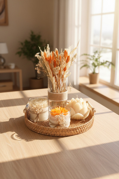 CEREN ACAR Rattan Tepsi içerisine hazırlanmış Çiçek ve Mum Seti