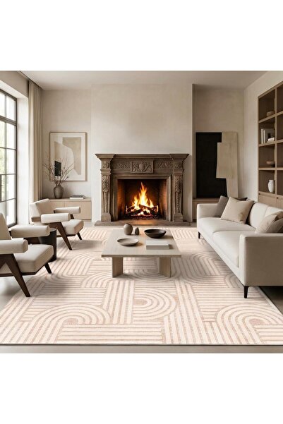 Carpettex Bej Modern Geometrik Desenli Dijital Baskılı Kaymaz Tabanlı Yıkanab...