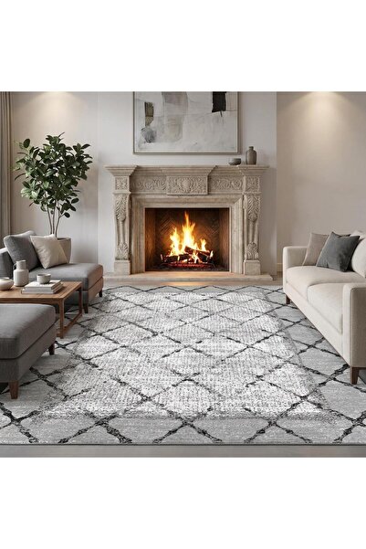 Carpettex Gri Baklava Desenli Açık Zemin Dijital Baskılı Kaymaz Tabanlı Yıkan...