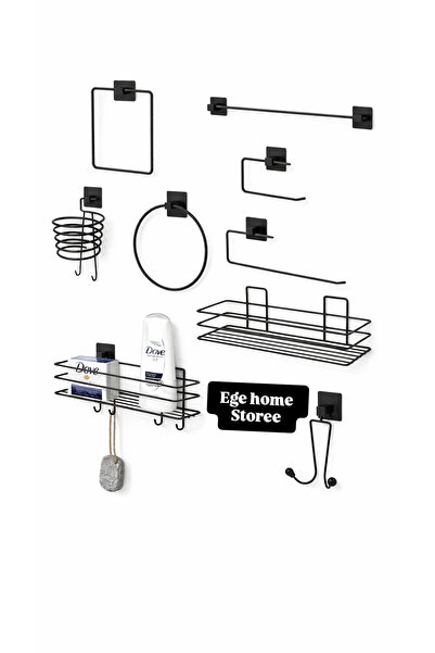 EGE HOME STORE Paslanmaz super 9'lu set siyah fön askısı havluluk wc/tuvalet ...