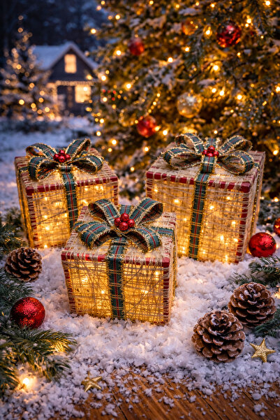 AtölyeKekik Işıklı Yılbaşı Hediye Kutusu 3'lü Set - LED li Yılbaşı Dekoru, Ça...