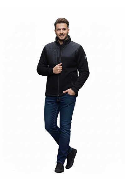 H&A İSTANBUL Jachetă pentru bărbați din lână neagră cu fermoar complet guler ridicat cu 3 buzunare pentru sport și în aer liber