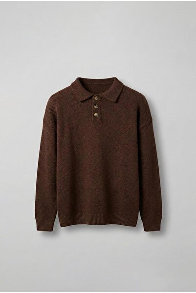 ablukaonline Erkek Oversize Düğmeli Triko Kazak Kahverengi