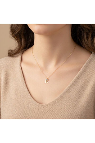 hand-iz 925 Ayar Gümüş Zincirli E Harfli Doğum Taşlı Gümüş Kolye