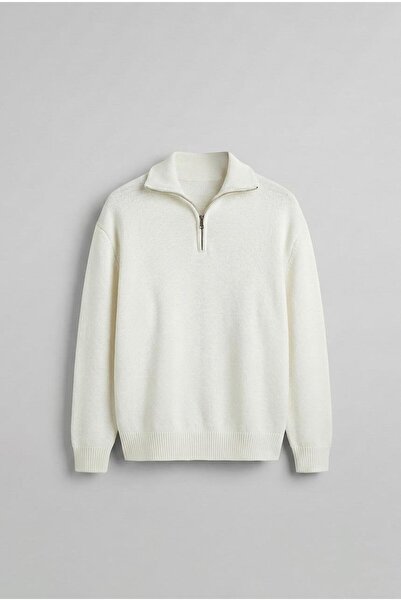 ablukaonline Pulover pentru bărbați cu jumătate de fermoar din țesătură premium supradimensionat Ecru