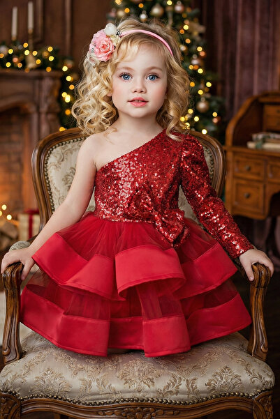 egolika kids Kırmızı Payetli Kurdelalı Tek Omuz Abiye - Çocuk Abiye Şerit Tül...